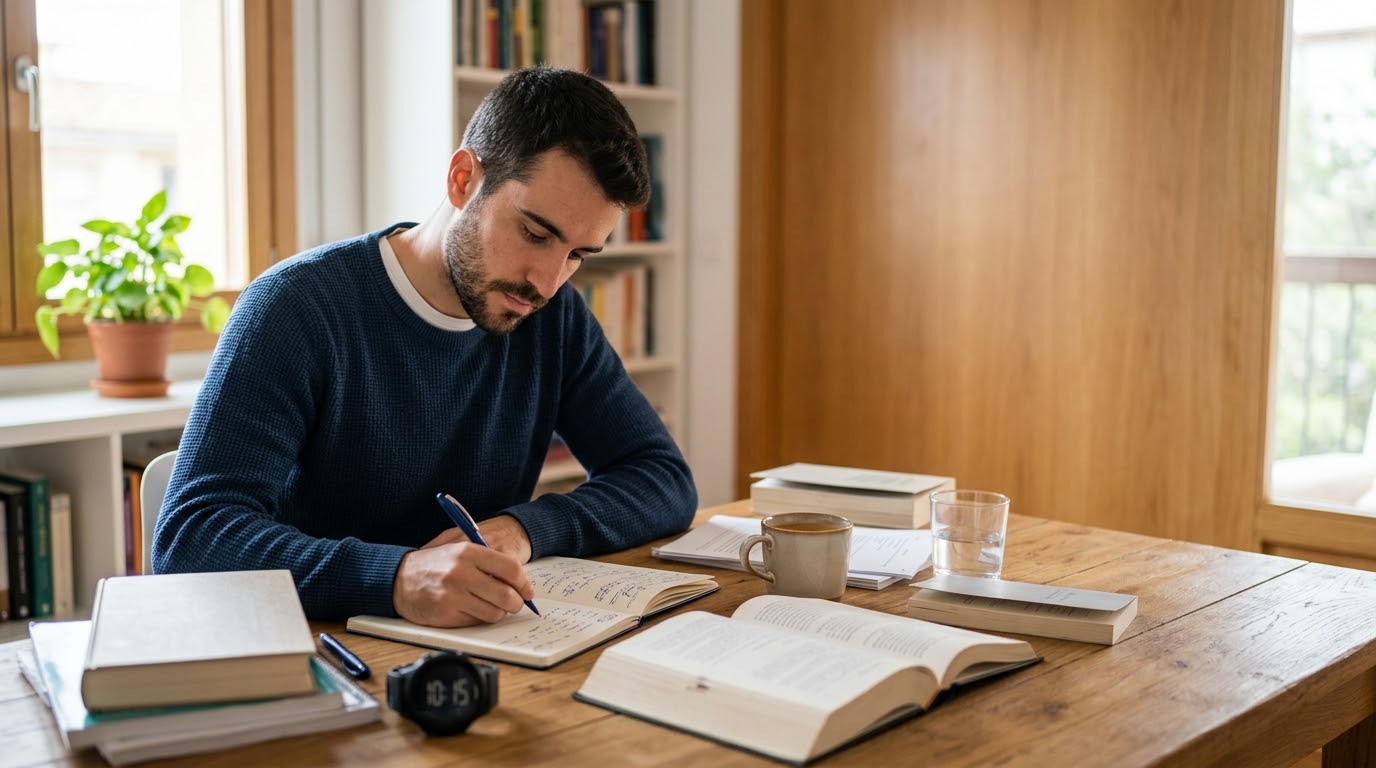 Opositor estudiando y tomando apuntes durante la preparación de un examen