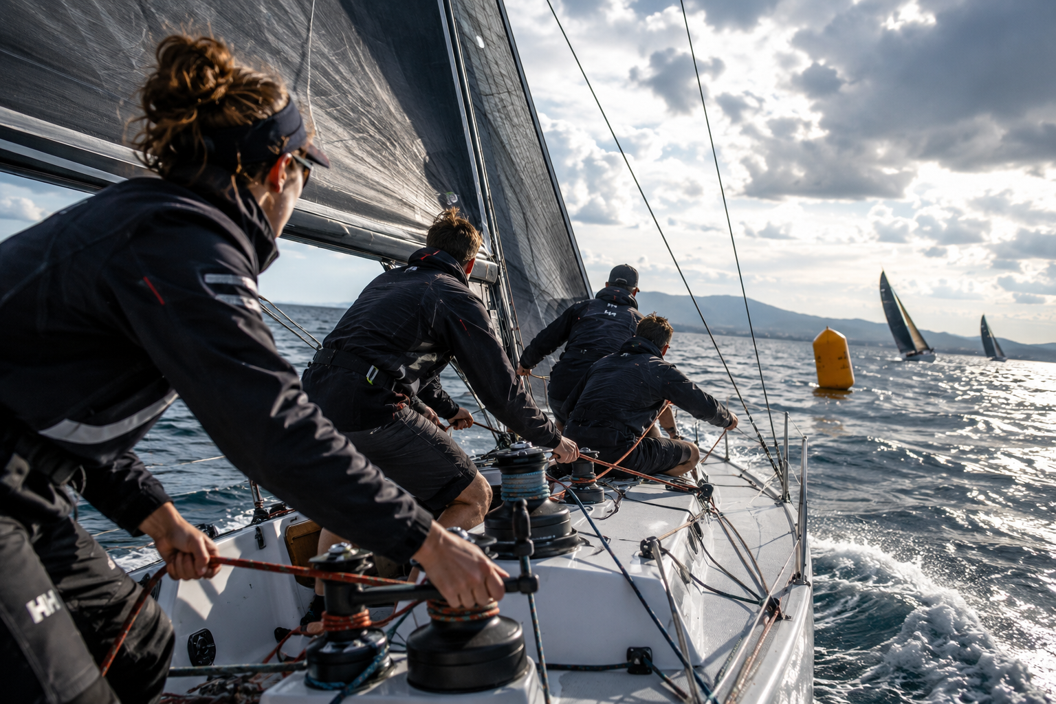 Tripulación de regata ajustando maniobras y rumbo durante la competición