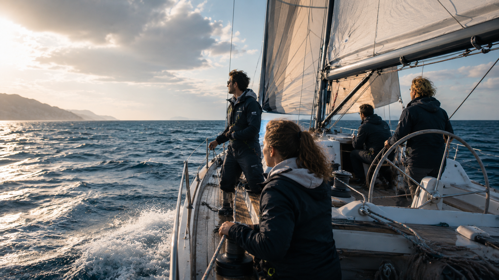 Tripulación leyendo las condiciones del mar durante una travesía a vela