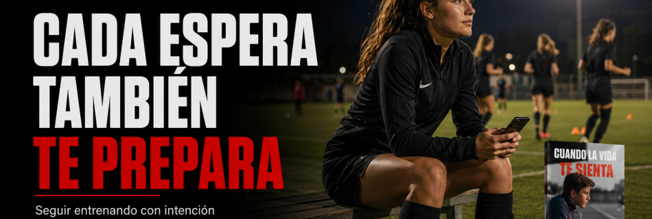 Futbolista sentada en el banquillo mientras el equipo entrena, con el mensaje «Cada espera también te prepara».
