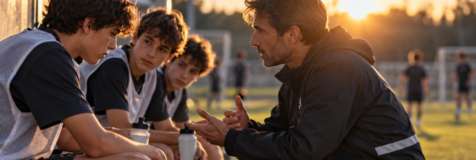 Entrenador conversando con varios jugadores jóvenes durante un entrenamiento