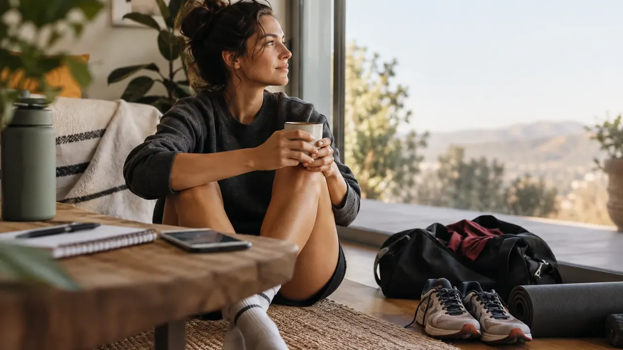 Deportista descansando junto a su material de entrenamiento, como imagen de disciplina flexible y recuperación