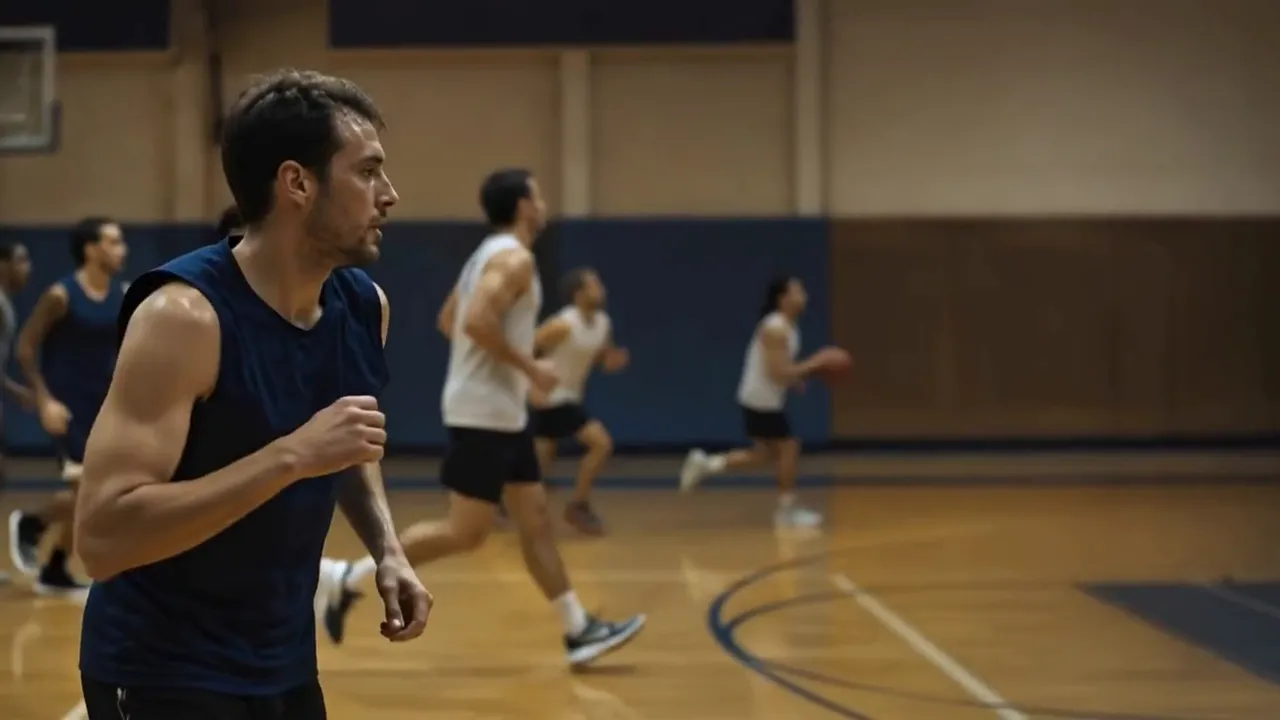 Jugador de baloncesto vuelve corriendo a defender justo después de fallar un tiro, con la mirada ya en la jugada siguiente.