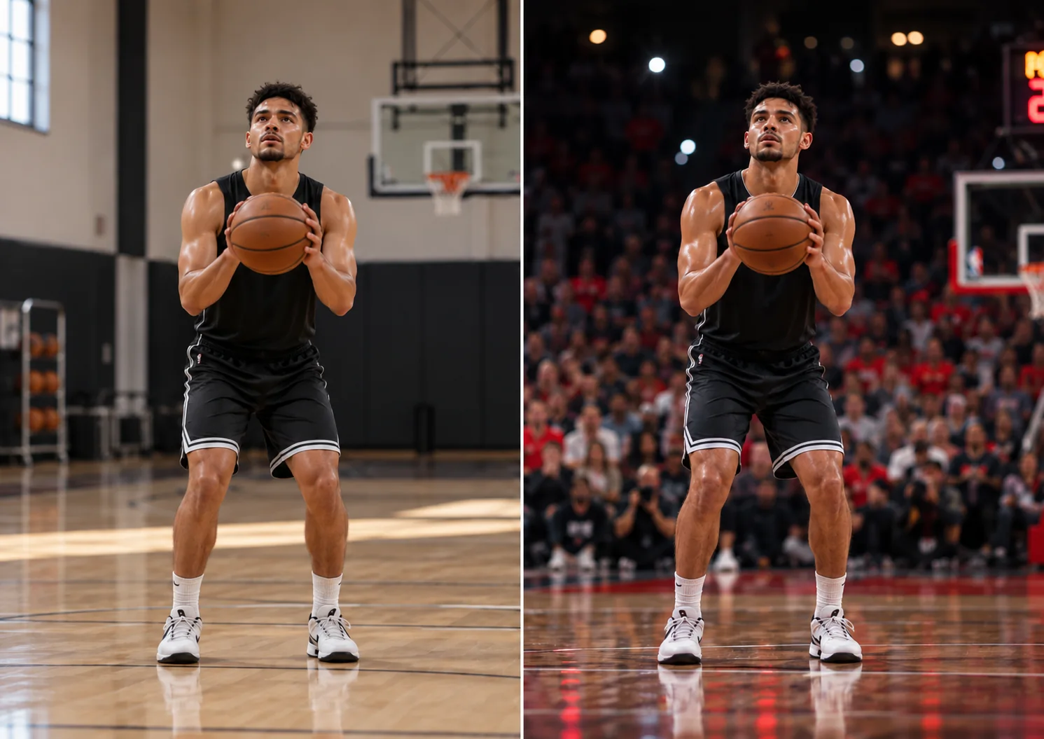 El mismo jugador de baloncesto ejecutando un tiro libre en entrenamiento y en competición