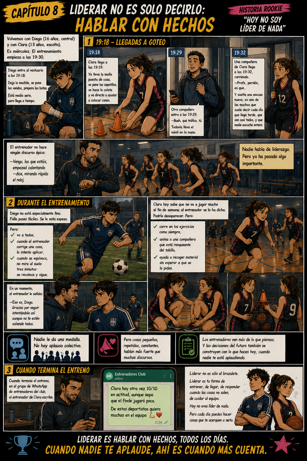 Historia Rookie sobre liderazgo cotidiano: llegar, entrenar, responder al error, ayudar y sumar al equipo desde cualquier rol