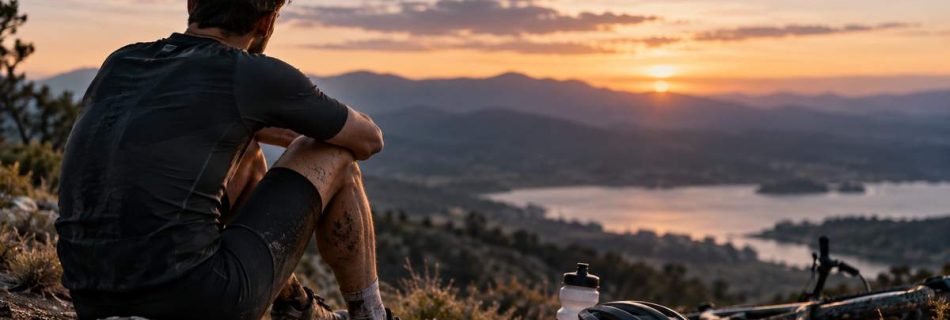 Deportista en pausa durante una salida en bicicleta, reflexionando sobre la recuperación y la vuelta al deporte