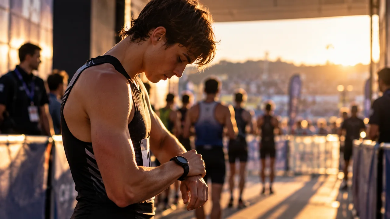 Deportista antes de competir comprobando su reloj y orientándose hacia la competición