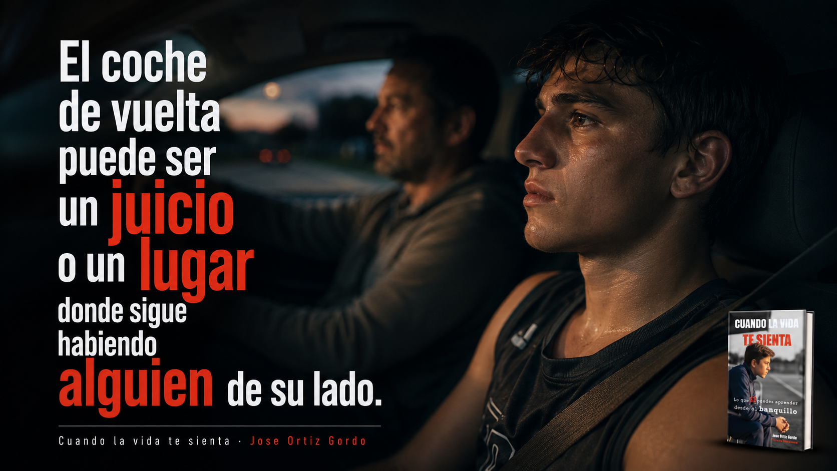 Padre y joven deportista en el coche de vuelta después de competir