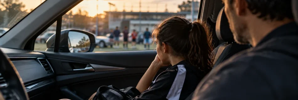 Joven deportista y su padre en el coche después de competir, antes de decidir si hablar o esperar