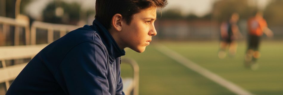 Joven deportista sentado en el banquillo observando el juego mientras espera su oportunidad