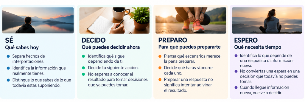 Mapa Rookie para gestionar la incertidumbre con cuatro zonas: SÉ, DECIDO, PREPARO y ESPERO